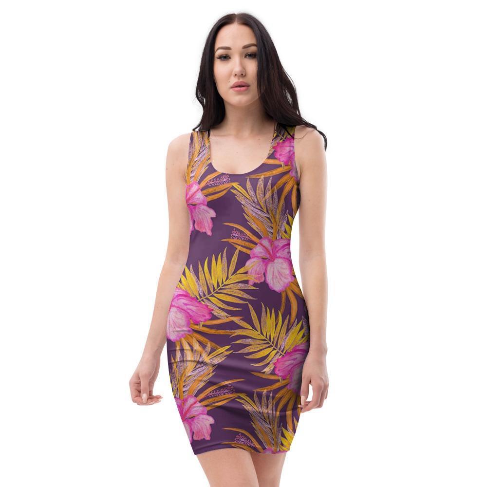Watercolor Hibiscus Flower Hawaiian Print Bodycon Dress-grizzshop