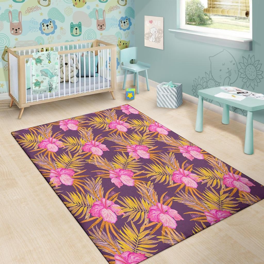Watercolor Hibiscus Flower Hawaiian Print Floor Mat-grizzshop
