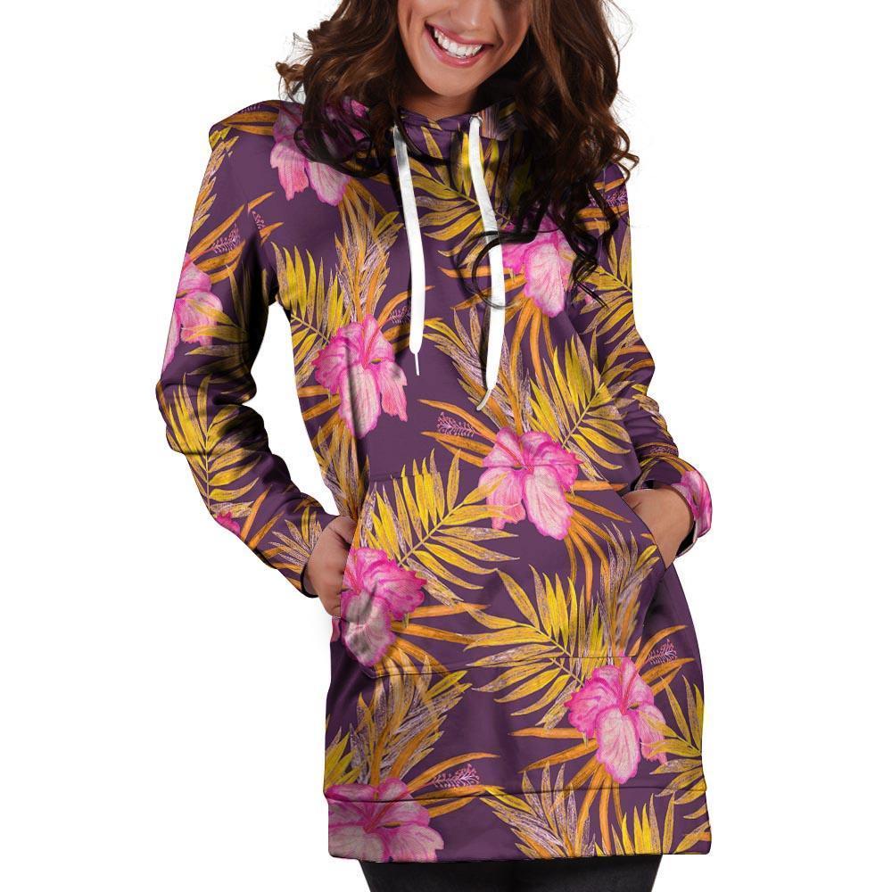 Watercolor Hibiscus Flower Hawaiian Print Hoodie Dress-grizzshop