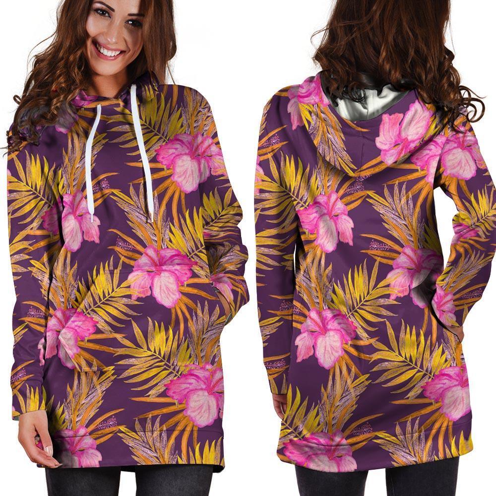 Watercolor Hibiscus Flower Hawaiian Print Hoodie Dress-grizzshop