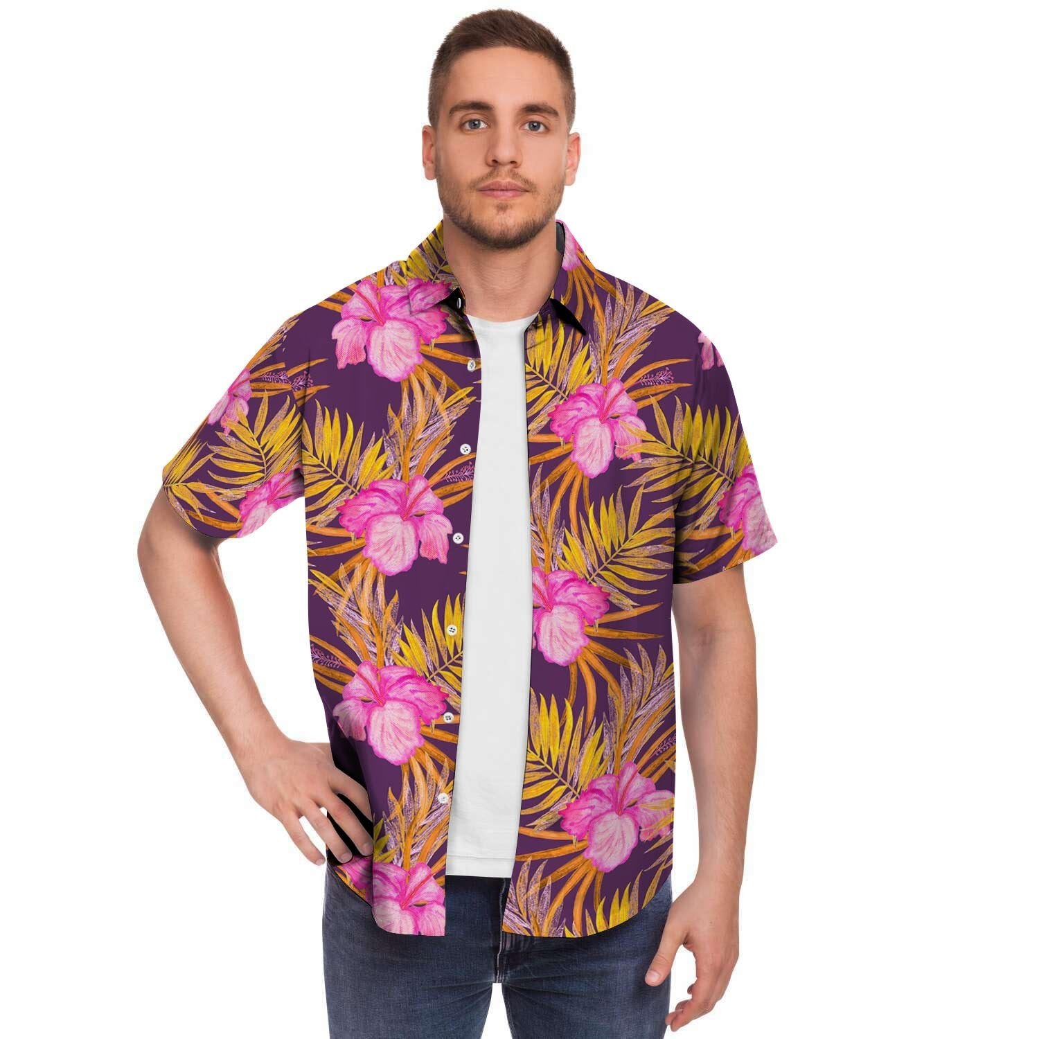 Watercolor Hibiscus Flower Hawaiian Print Men's Short Sleeve Shirt-grizzshop