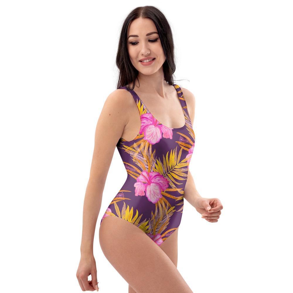 Watercolor Hibiscus Flower Hawaiian Print One Piece Swimsuite-grizzshop
