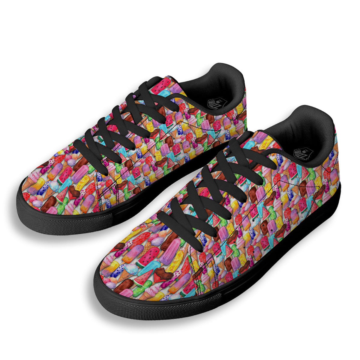 Watercolor Ice Cream Print Pattern Black Low Top Sneakers-grizzshop