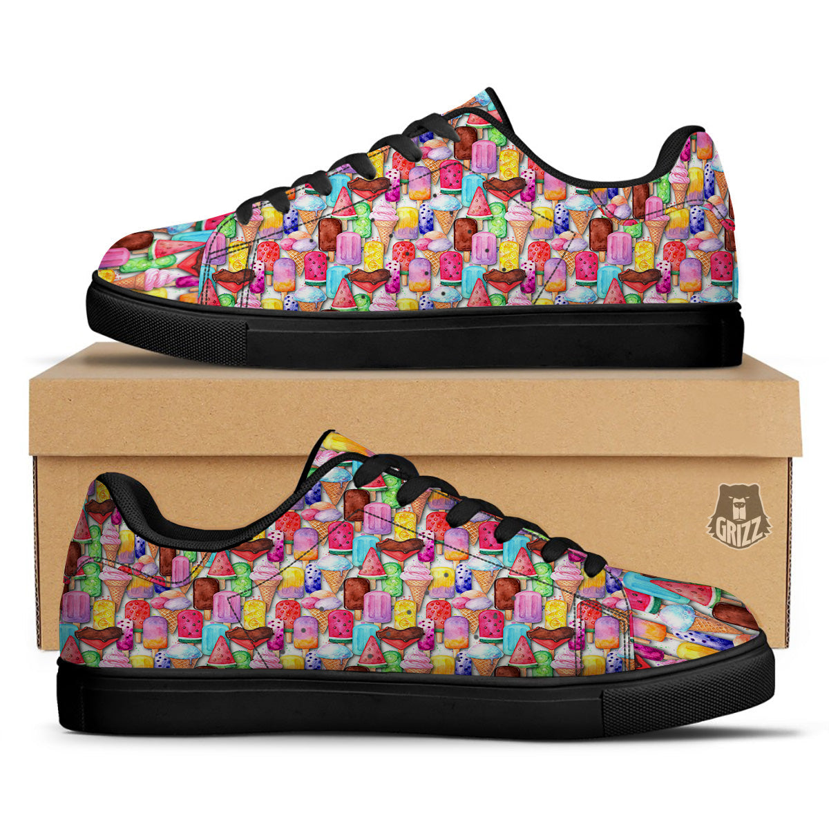 Watercolor Ice Cream Print Pattern Black Low Top Sneakers-grizzshop