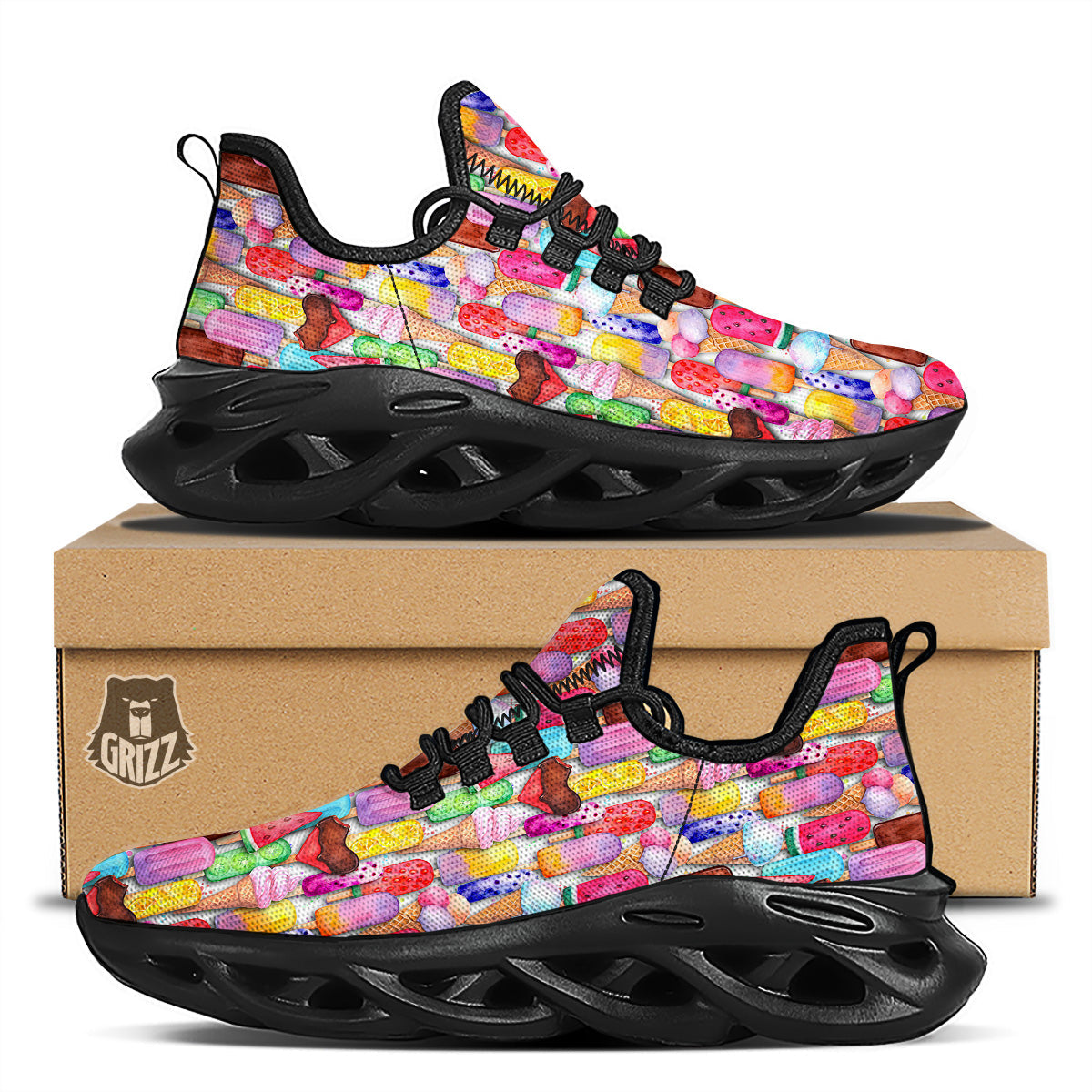 Watercolor Ice Cream Print Pattern Black Running Shoes-grizzshop