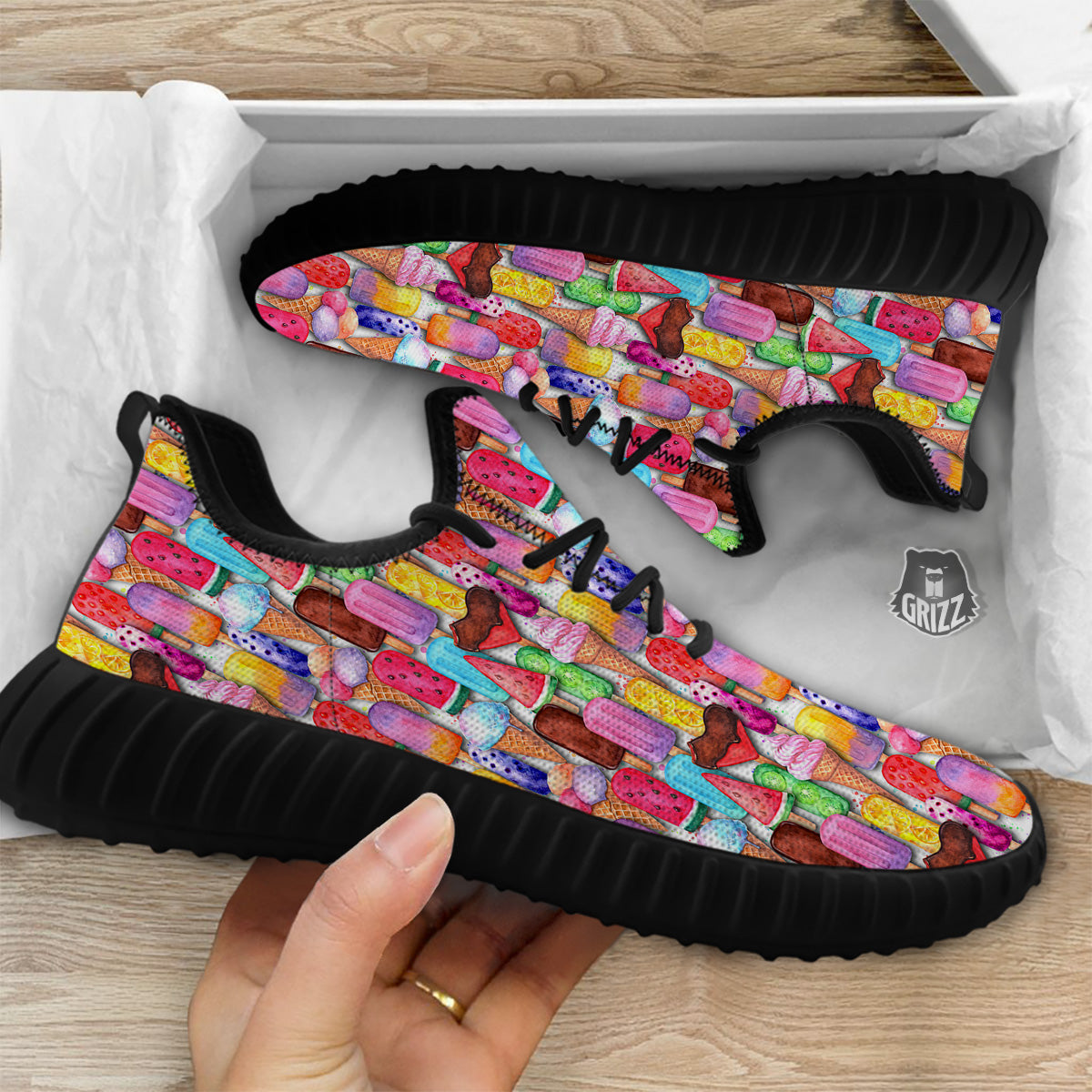 Watercolor Ice Cream Print Pattern Black Walking Shoes-grizzshop