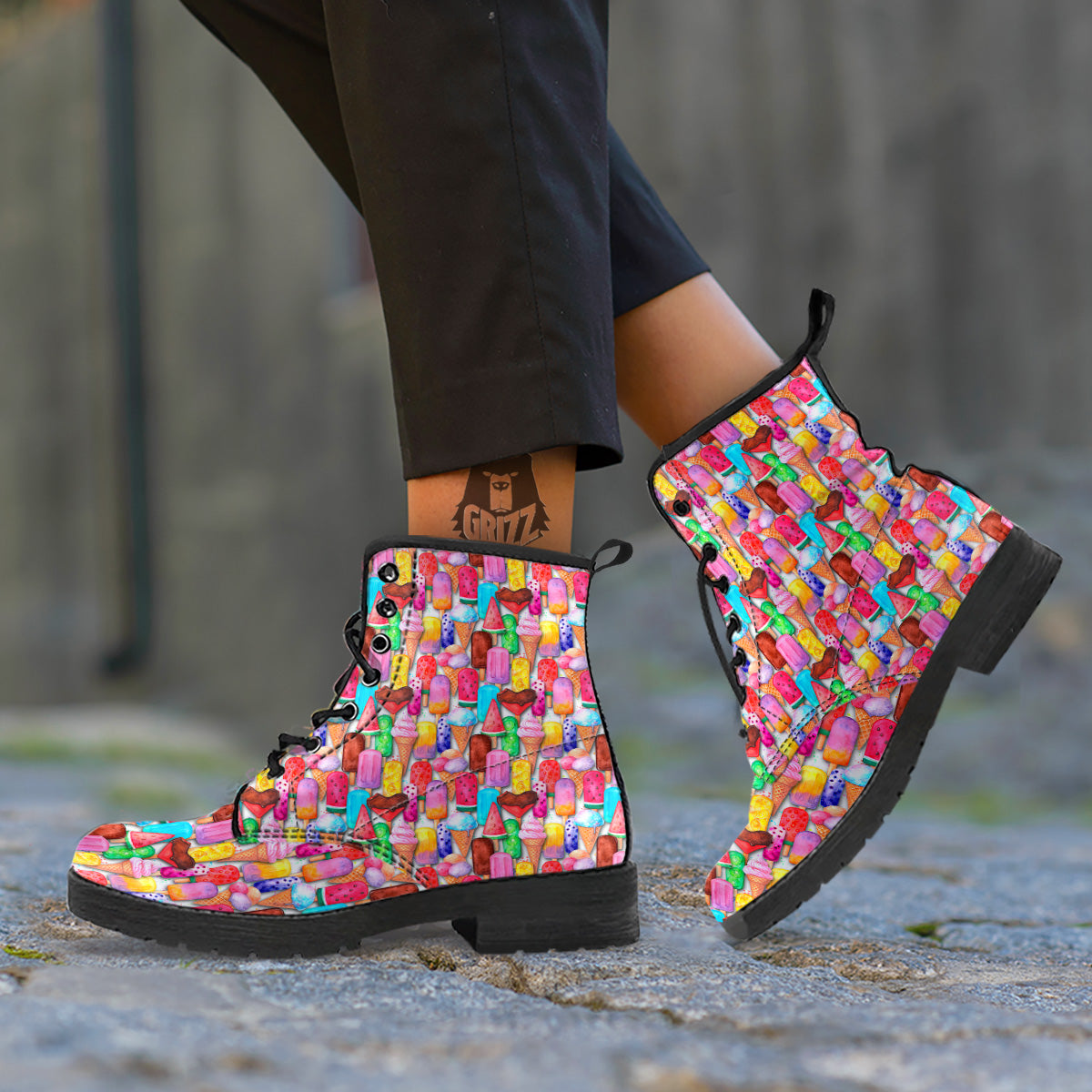 Watercolor Ice Cream Print Pattern Leather Boots-grizzshop