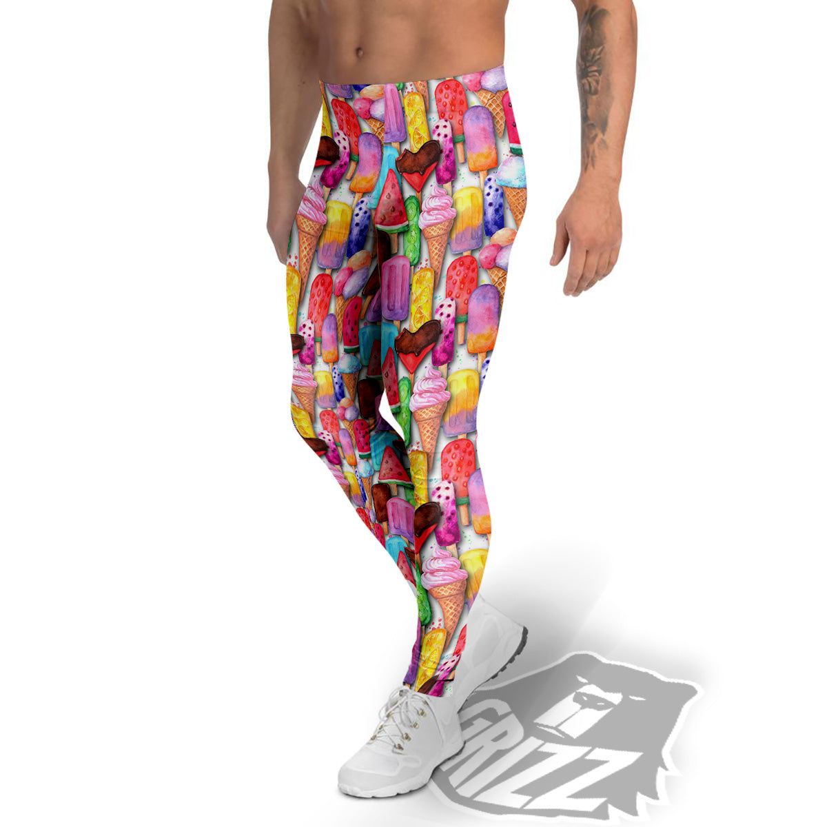 Watercolor Ice Cream Print Pattern Men's Leggings-grizzshop