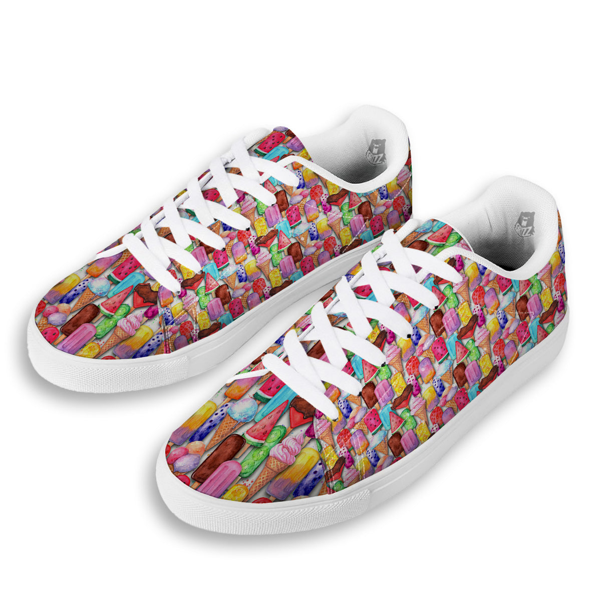 Watercolor Ice Cream Print Pattern White Low Top Sneakers-grizzshop