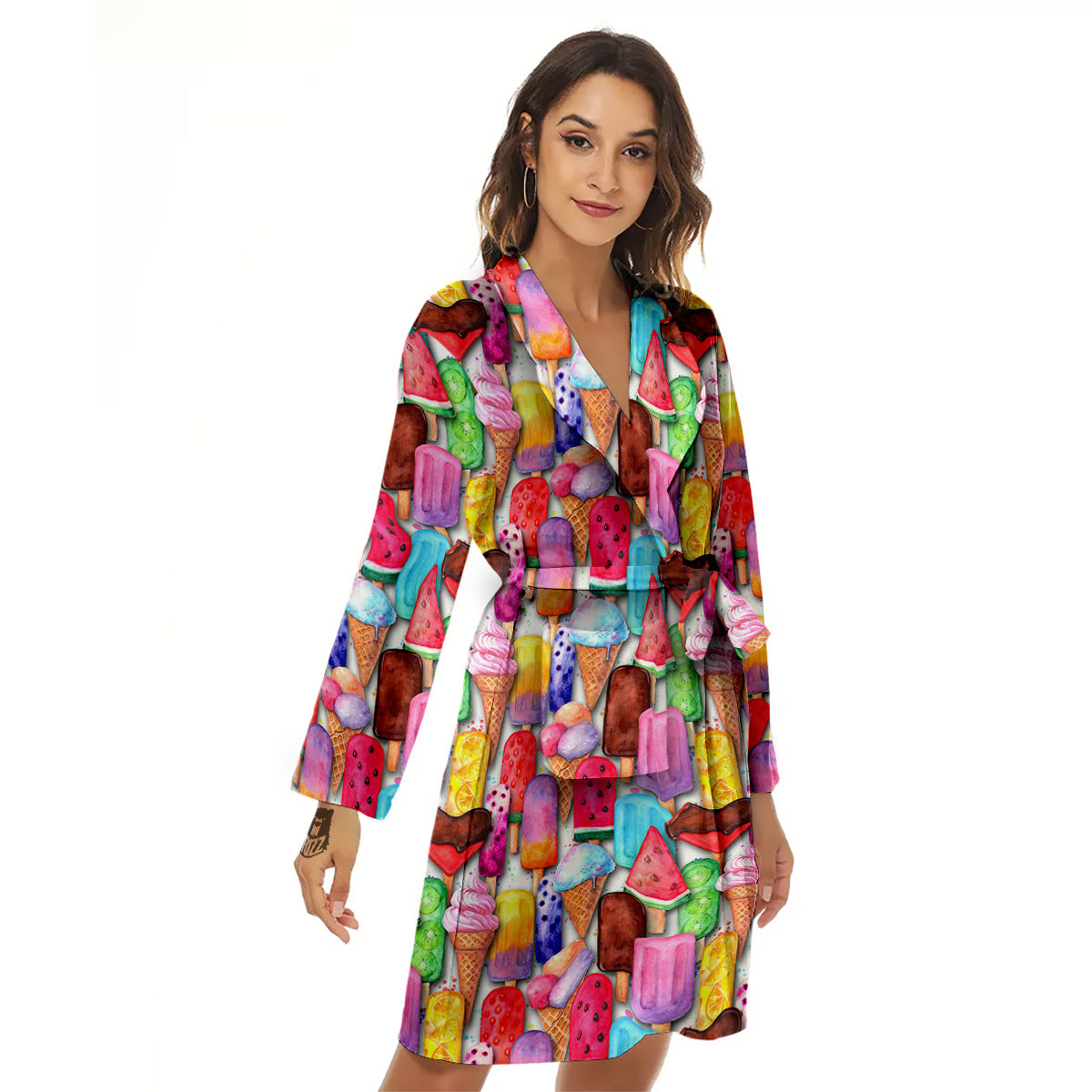 Watercolor Ice Cream Print Pattern Women's Robe-grizzshop