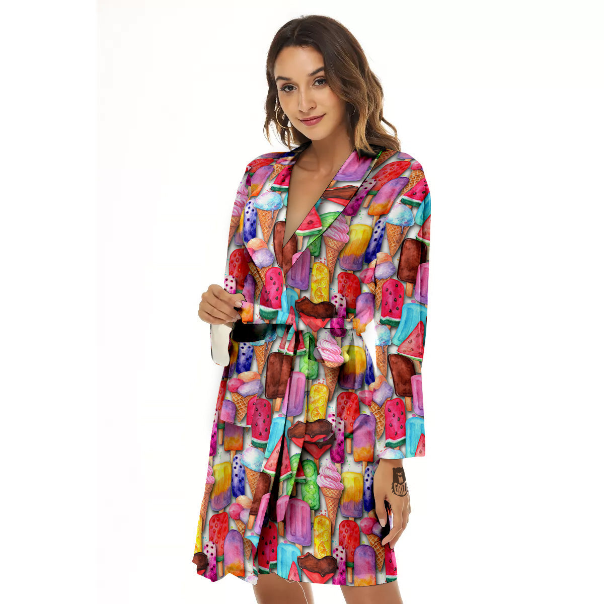Watercolor Ice Cream Print Pattern Women's Robe-grizzshop
