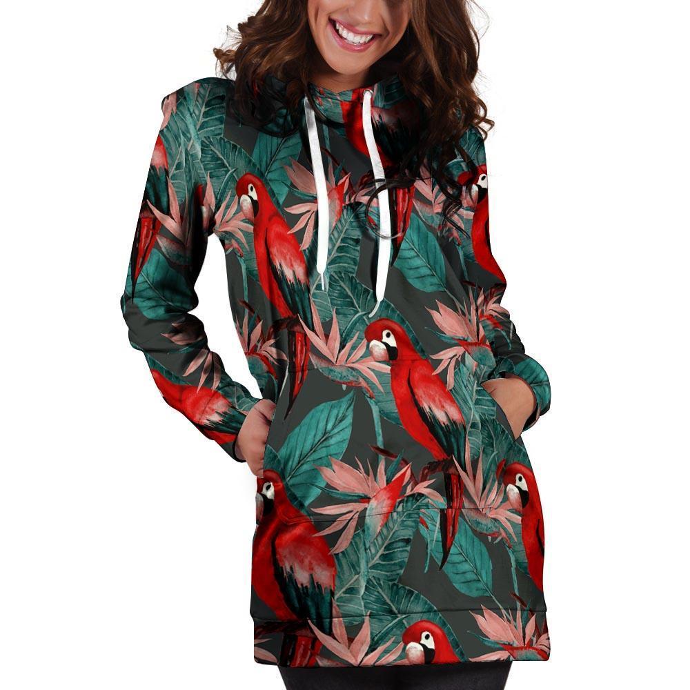 Watercolor Parrot Tropical Print Hoodie Dress-grizzshop
