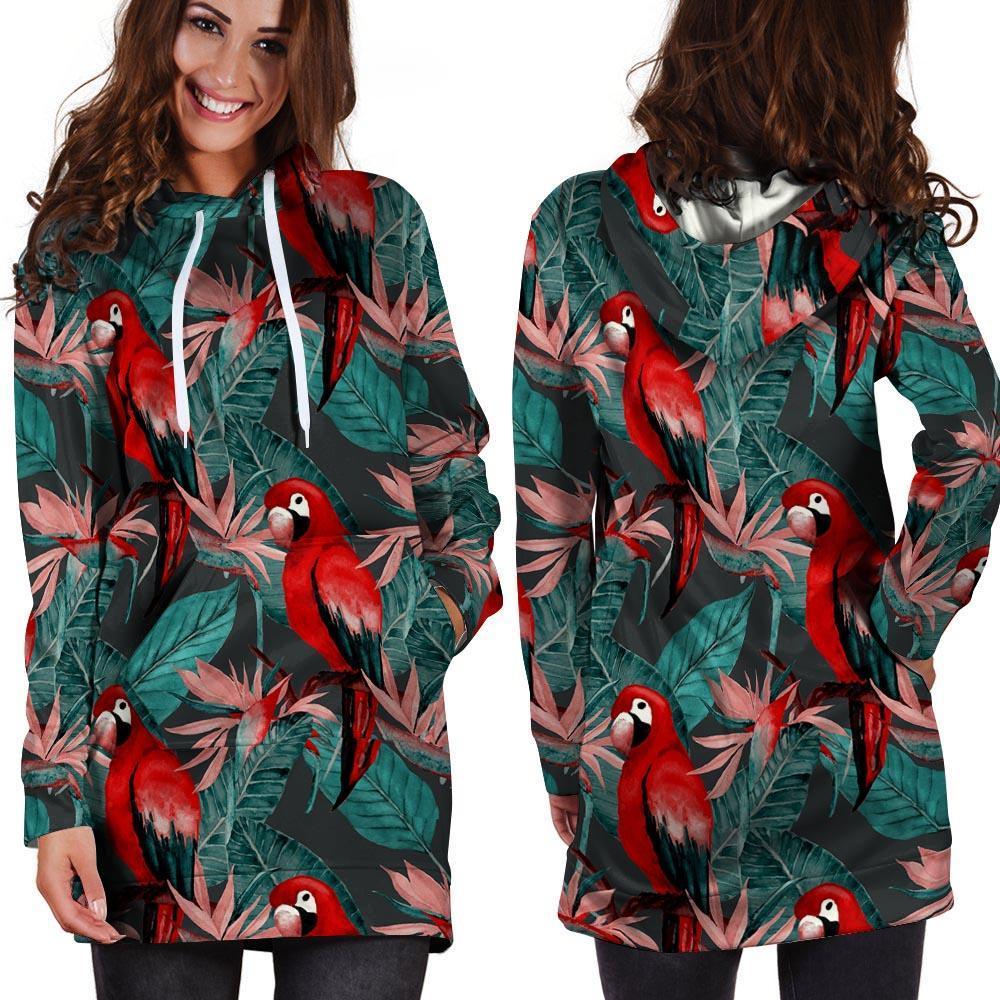 Watercolor Parrot Tropical Print Hoodie Dress-grizzshop