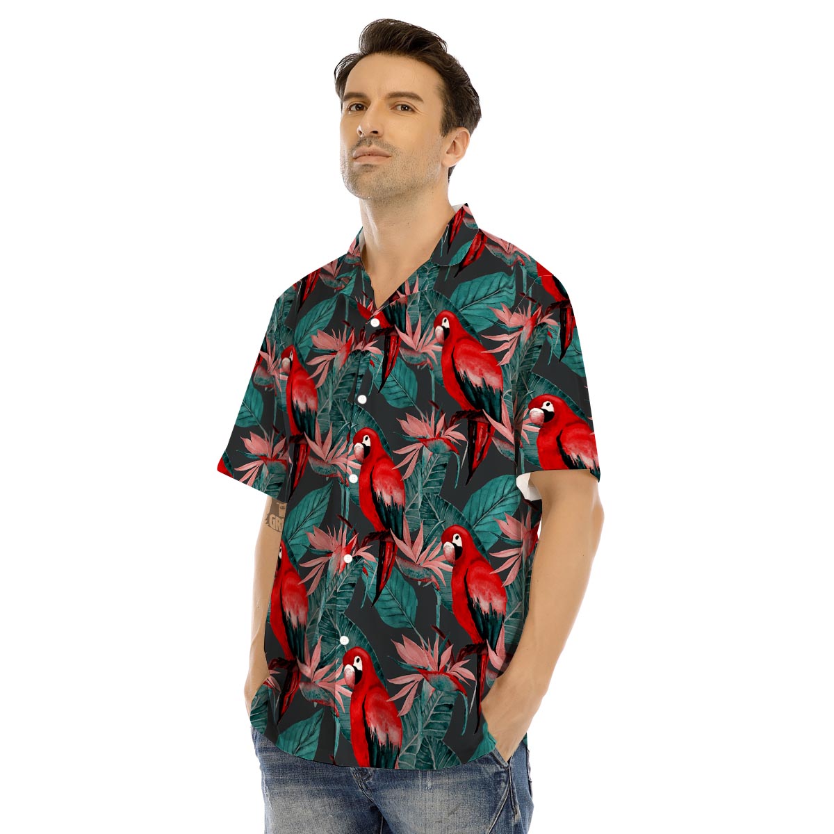 Watercolor Parrot Tropical Print Men’s Hawaiian Shirt-grizzshop