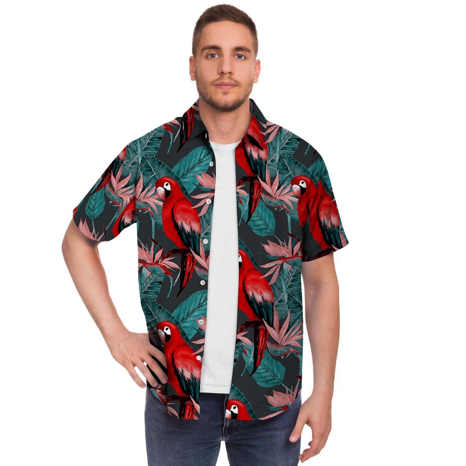 Watercolor Parrot Tropical Print Men's Short Sleeve Shirt-grizzshop