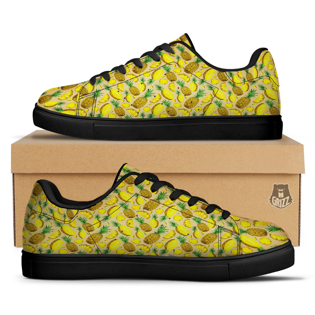 Watercolor Pineapple Beige Print Pattern Black Low Top Sneakers-grizzshop