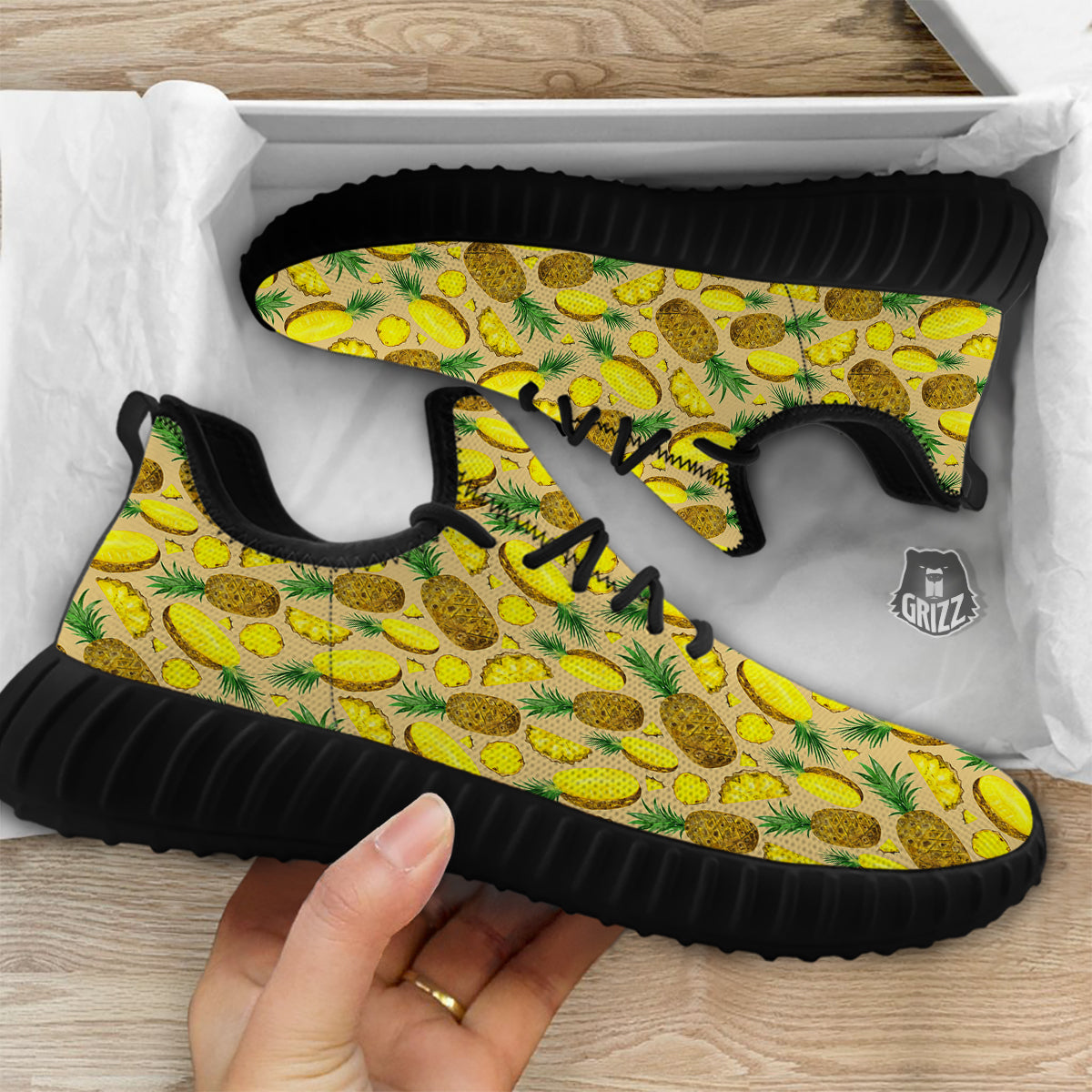 Watercolor Pineapple Beige Print Pattern Black Walking Shoes-grizzshop