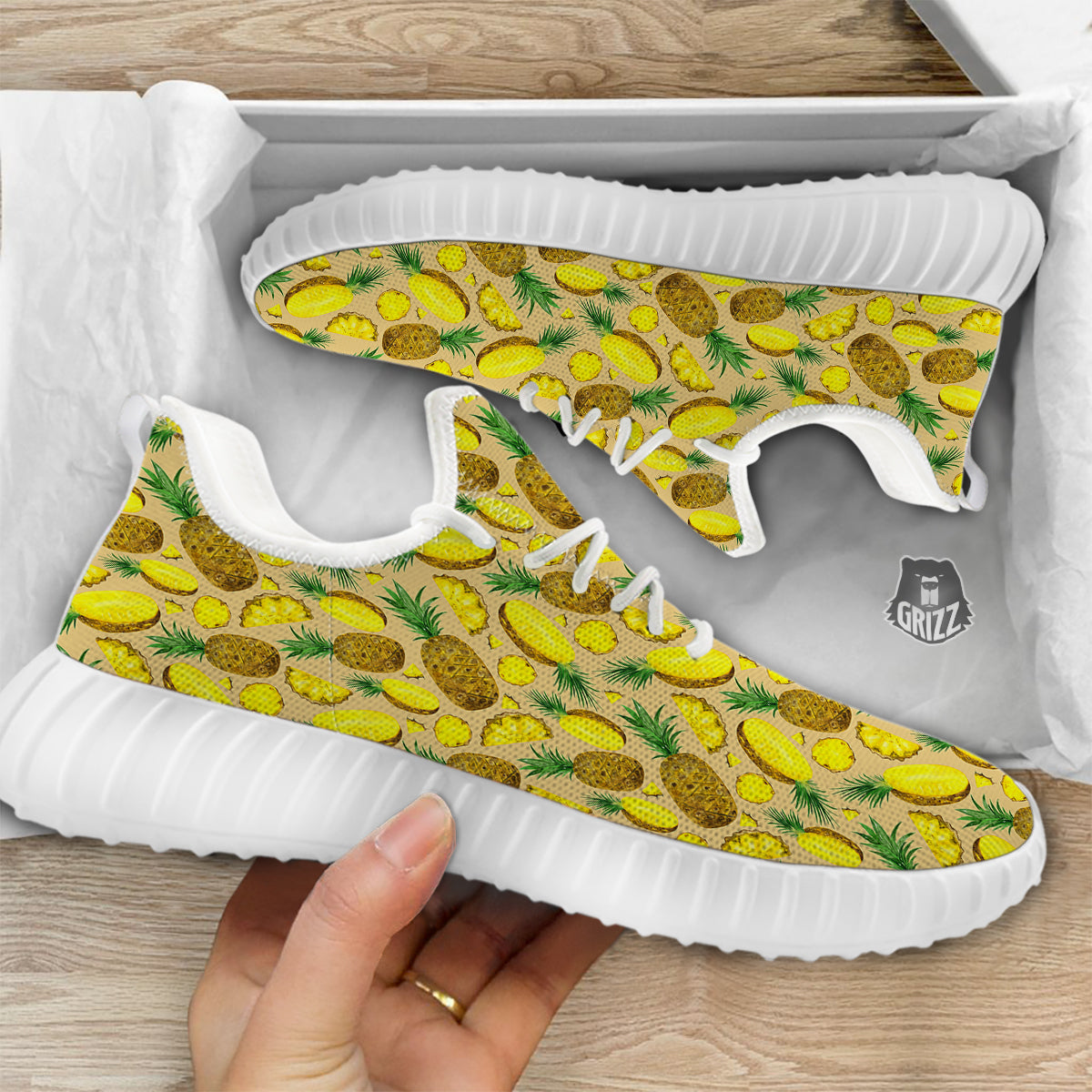 Watercolor Pineapple Beige Print Pattern White Walking Shoes-grizzshop