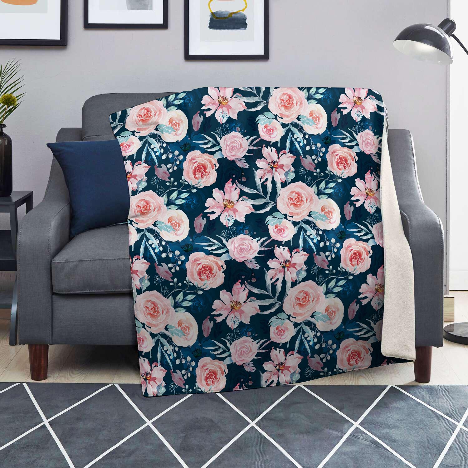 Watercolor Pink Rose Floral Blanket-grizzshop