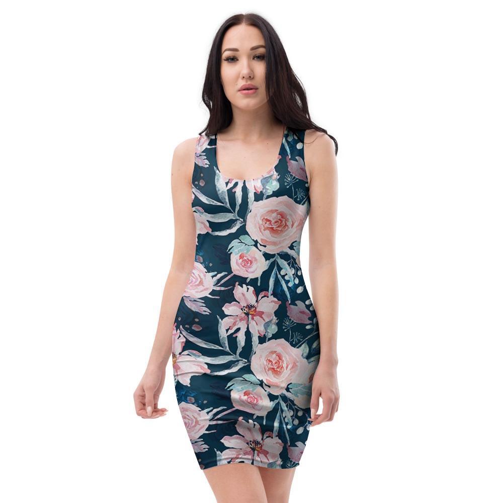 Watercolor Pink Rose Floral Bodycon Dress-grizzshop