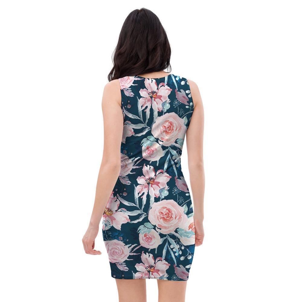 Watercolor Pink Rose Floral Bodycon Dress-grizzshop