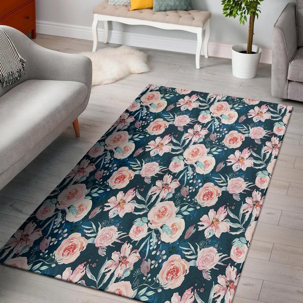 Watercolor Pink Rose Floral Floor Mat-grizzshop