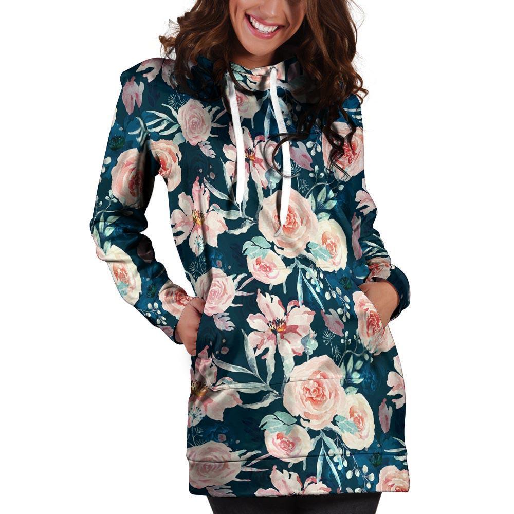 Watercolor Pink Rose Floral Hoodie Dress-grizzshop