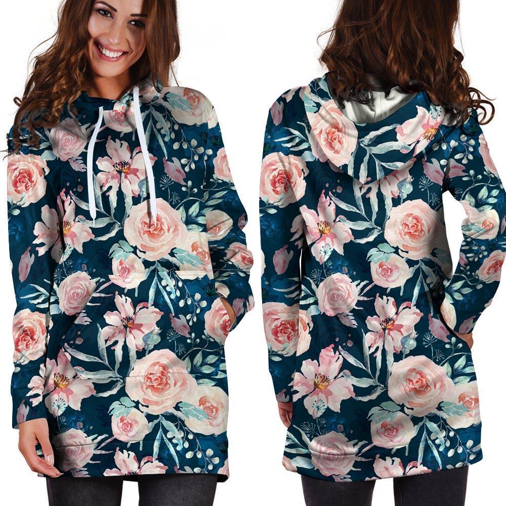 Watercolor Pink Rose Floral Hoodie Dress-grizzshop