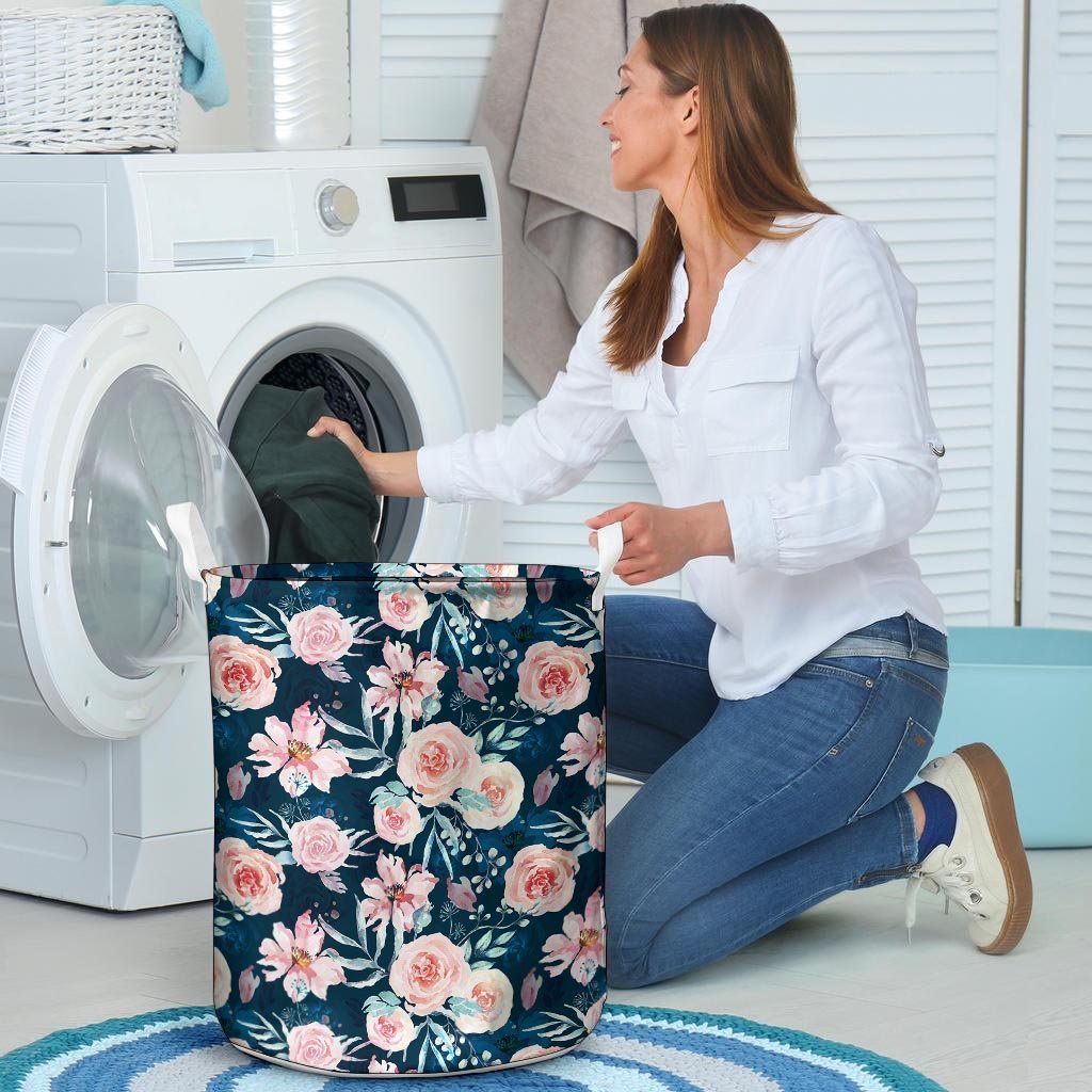 Watercolor Pink Rose Floral Laundry Basket-grizzshop