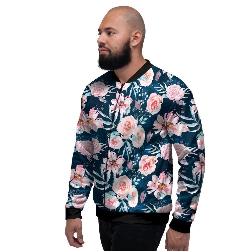Watercolor Pink Rose Floral Men's Bomber Jacket-grizzshop