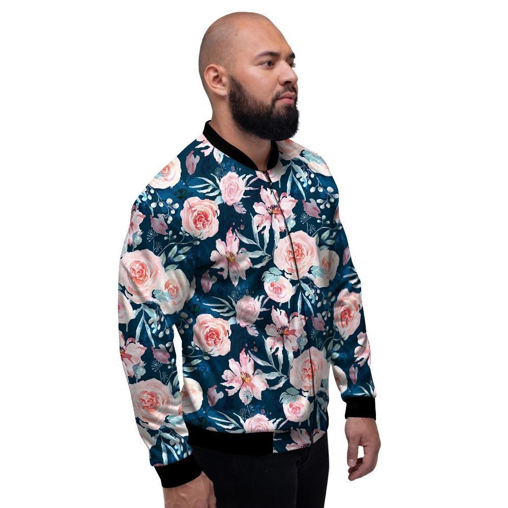Watercolor Pink Rose Floral Men's Bomber Jacket-grizzshop