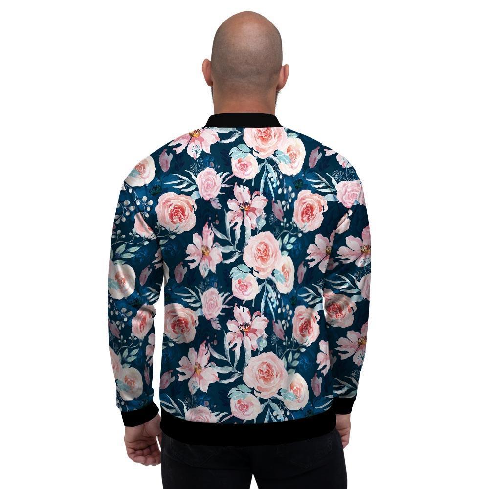 Watercolor Pink Rose Floral Men's Bomber Jacket-grizzshop