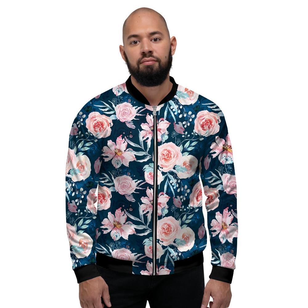 Watercolor Pink Rose Floral Men's Bomber Jacket-grizzshop