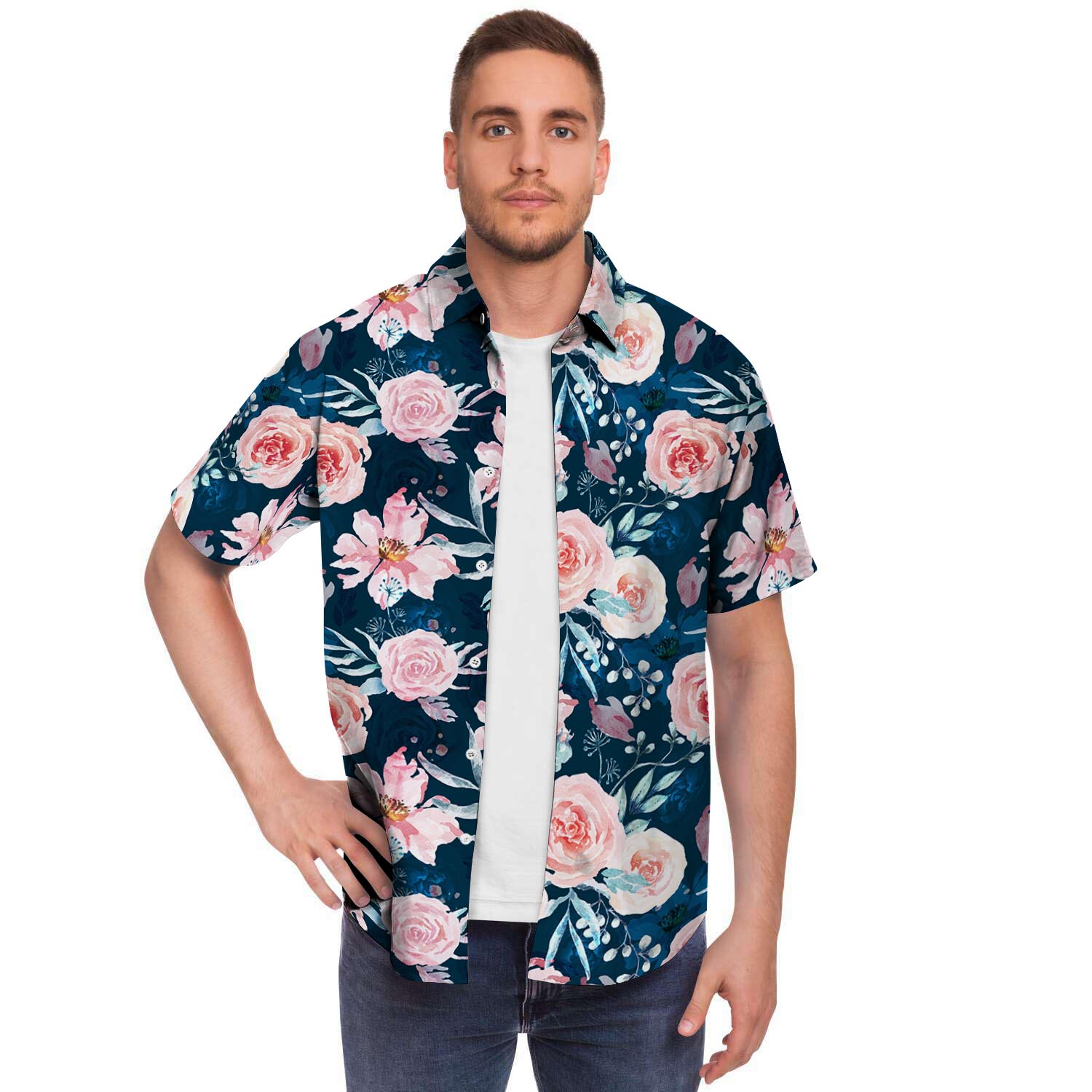 Watercolor Pink Rose Floral Men's Short Sleeve Shirt-grizzshop