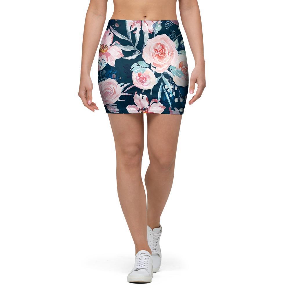 Watercolor Pink Rose Floral Mini Skirt-grizzshop