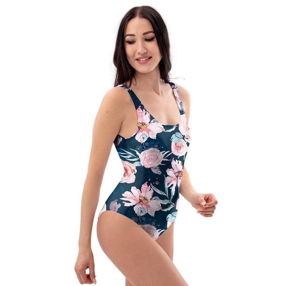 Watercolor Pink Rose Floral One Piece Swimsuite-grizzshop