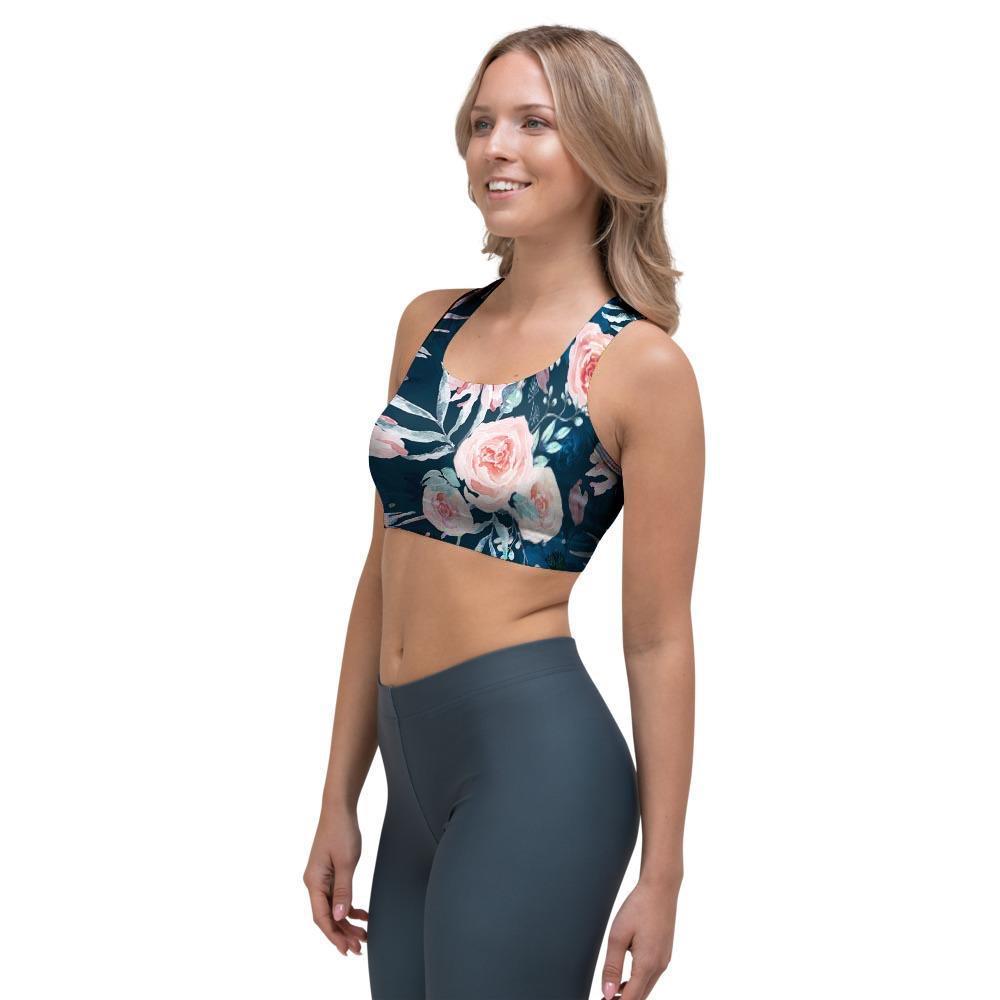 Watercolor Pink Rose Floral Sports Bra-grizzshop