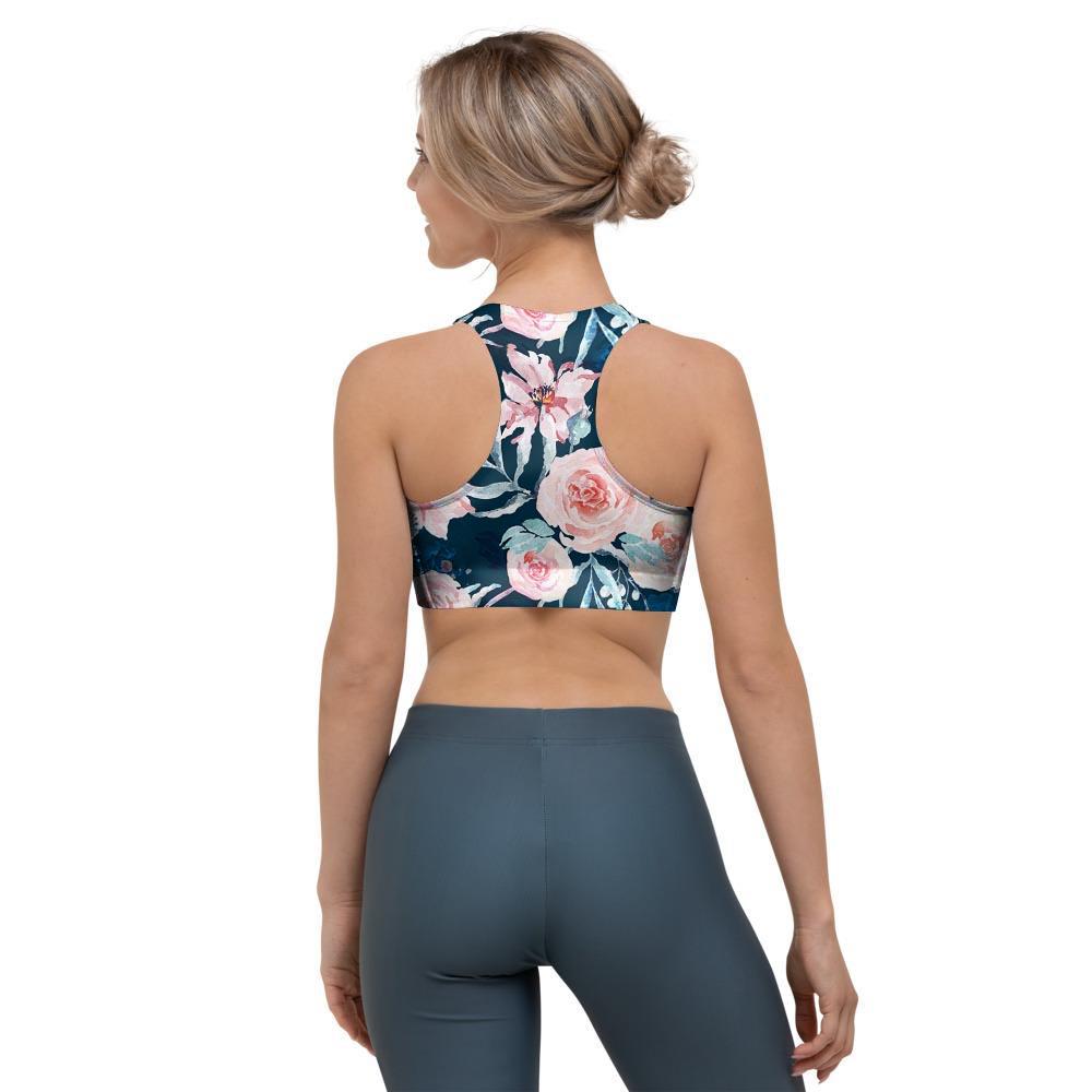 Watercolor Pink Rose Floral Sports Bra-grizzshop