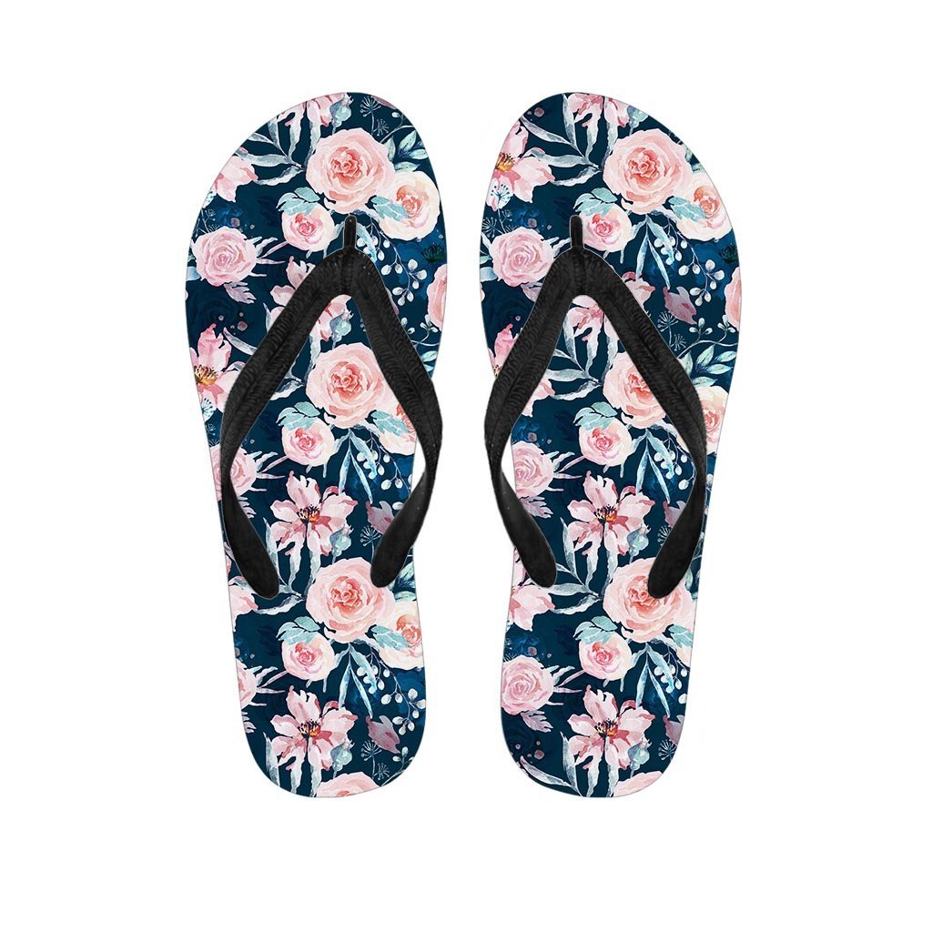 Watercolor Pink Rose Floral Women's Flip Flops-grizzshop