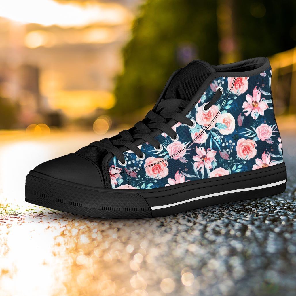 Watercolor Pink Rose Floral Women's High Top Shoes-grizzshop
