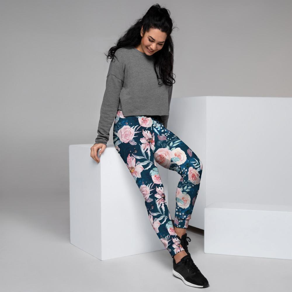 Watercolor Pink Rose Floral Women's Joggers-grizzshop