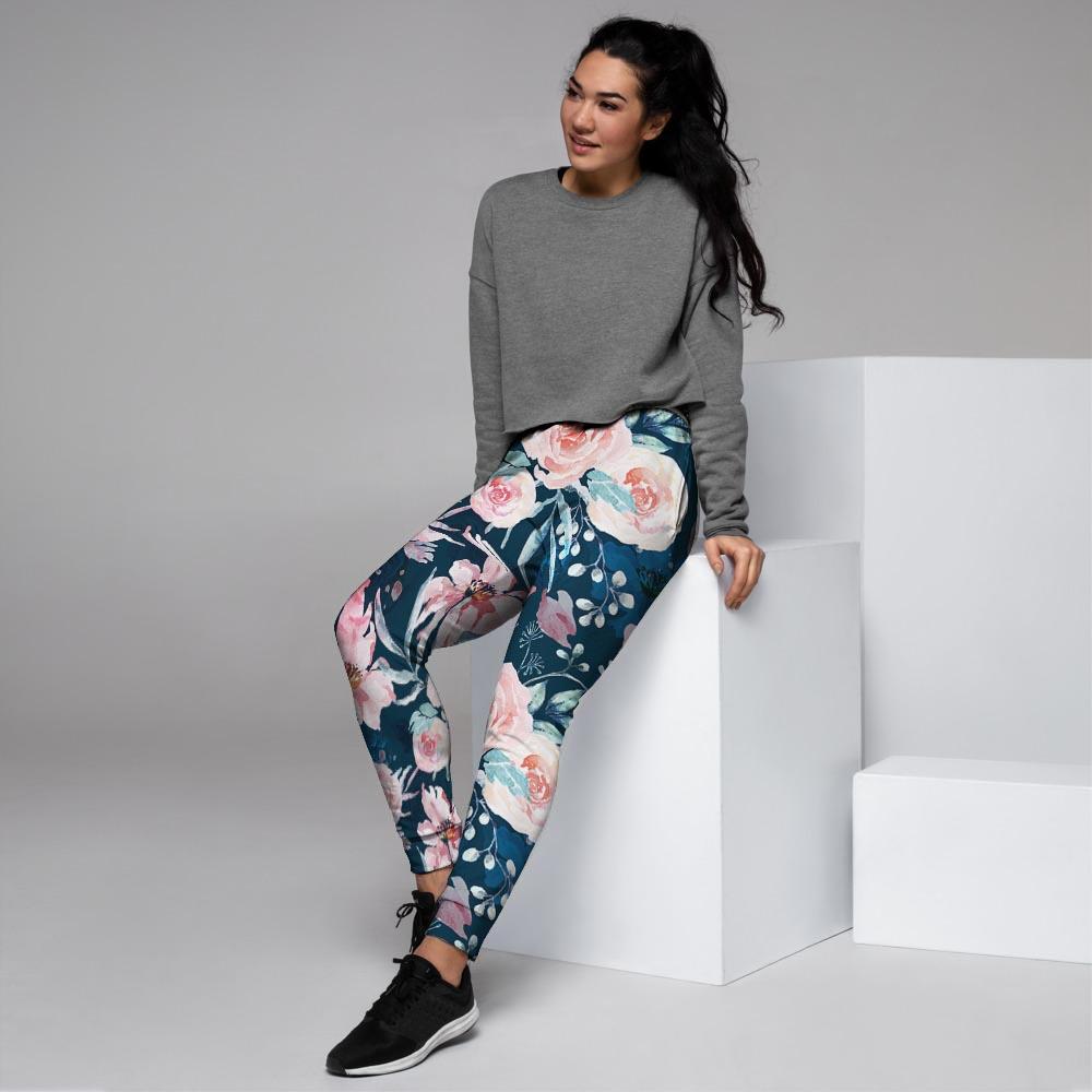 Watercolor Pink Rose Floral Women's Joggers-grizzshop