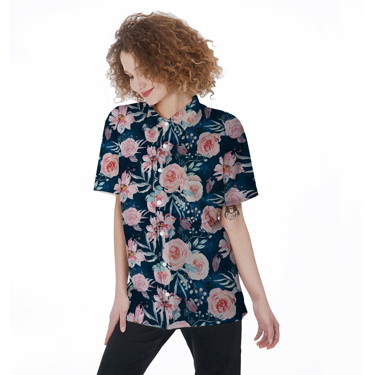 Watercolor Pink Rose Floral Women's Short Sleeve Shirts-grizzshop