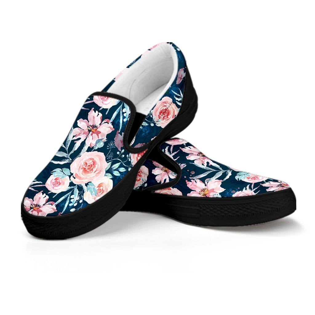 Watercolor Pink Rose Floral Women's Slip On Sneakers-grizzshop