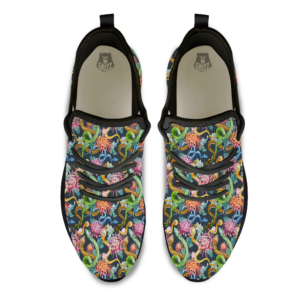 Watercolor Snake Chrysanthemum Flowers Print Pattern Black Athletic Shoes-grizzshop