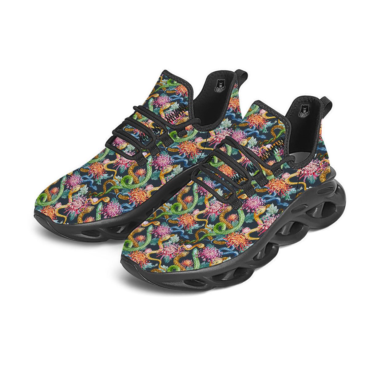 Watercolor Snake Chrysanthemum Flowers Print Pattern Black Running Shoes-grizzshop