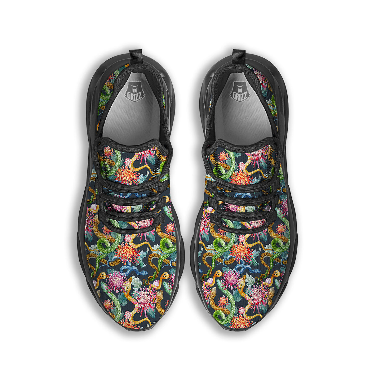 Watercolor Snake Chrysanthemum Flowers Print Pattern Black Running Shoes-grizzshop