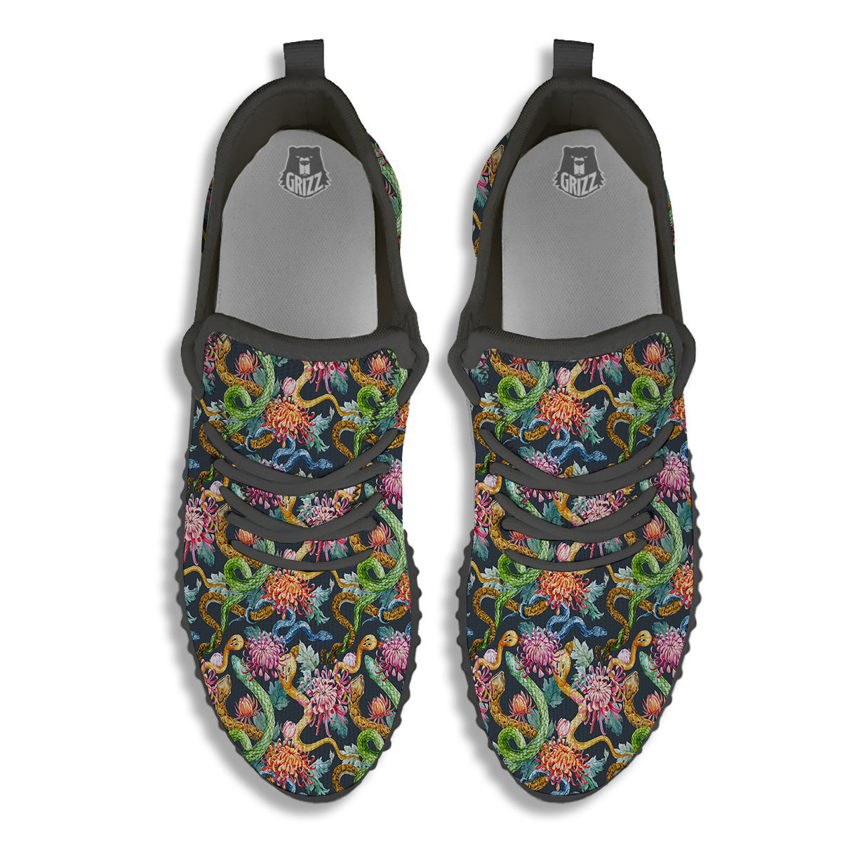 Watercolor Snake Chrysanthemum Flowers Print Pattern Black Walking Shoes-grizzshop