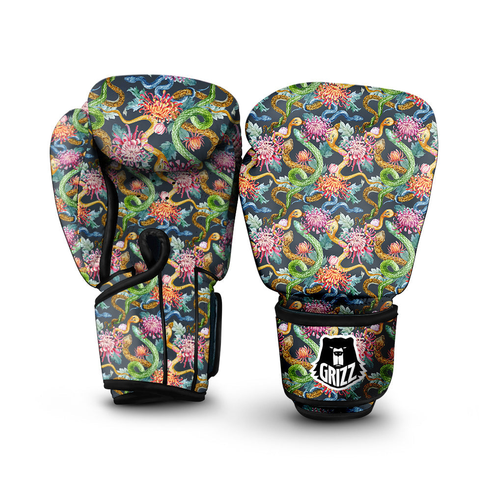 Watercolor Snake Chrysanthemum Flowers Print Pattern Boxing Gloves-grizzshop