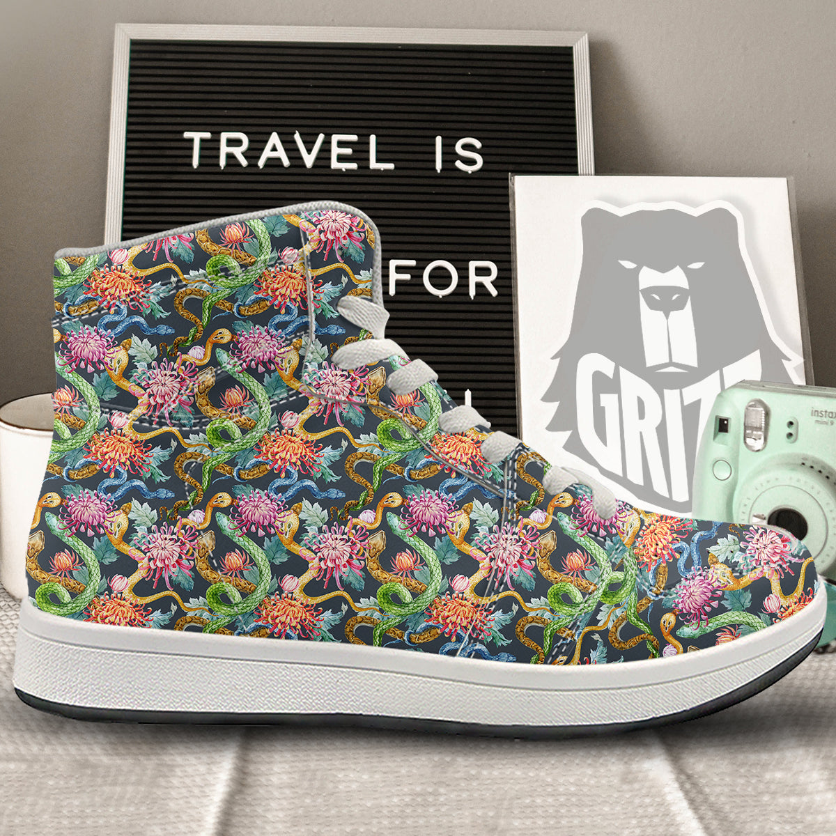 Watercolor Snake Chrysanthemum Flowers Print Pattern High Top Sneakers-grizzshop
